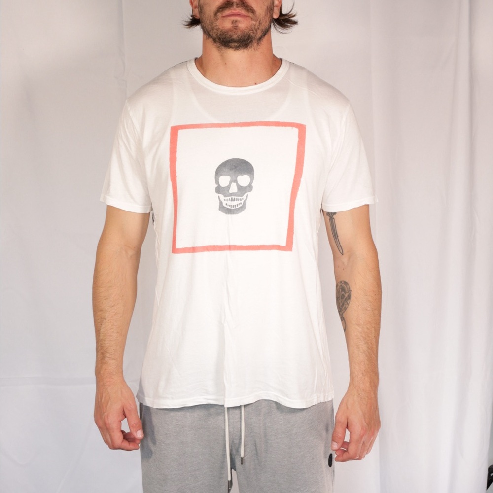 White Short Sleeve Tee with Skull Graphic